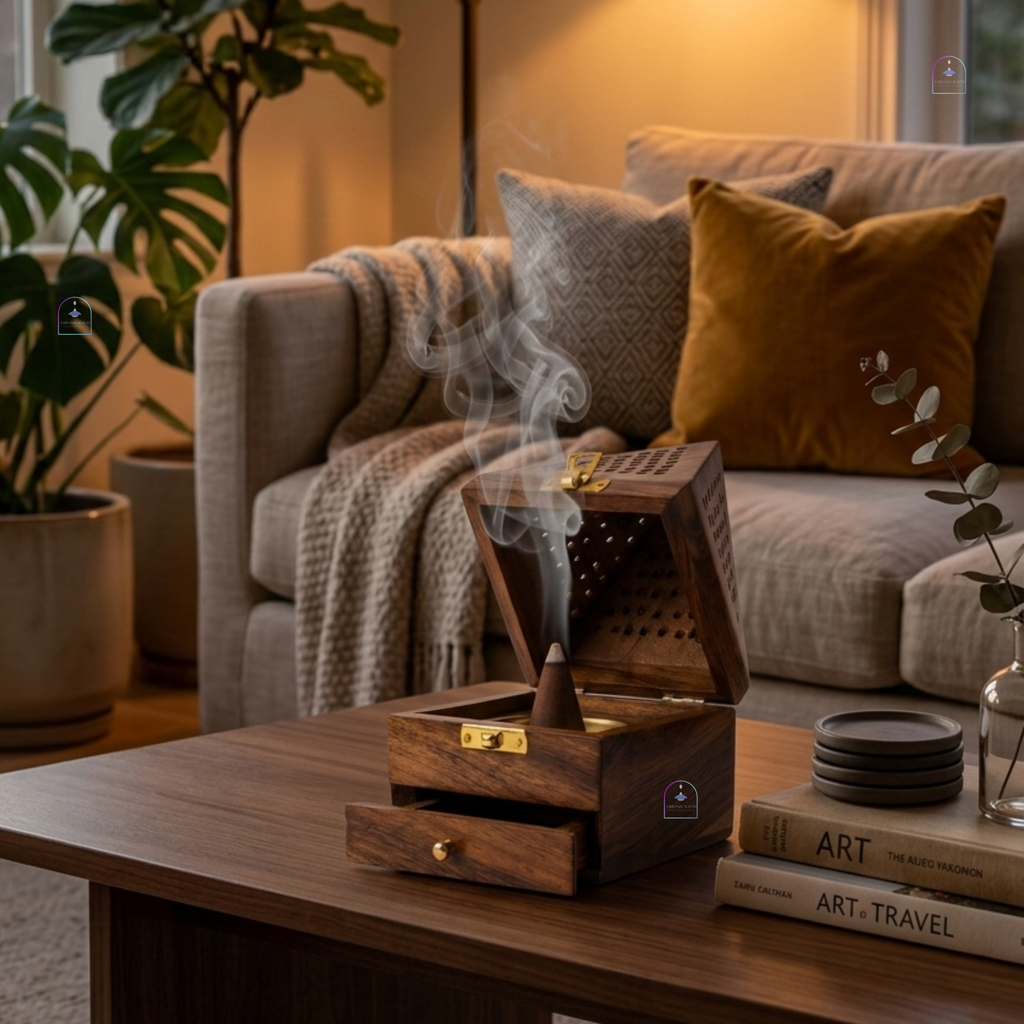 Handcrafted Sheesham Wood Pyramid Dhoop Box with Storage Drawer | 7-Inch Wooden Loban & Sambrani Burner Stand with Removable Brass Dish