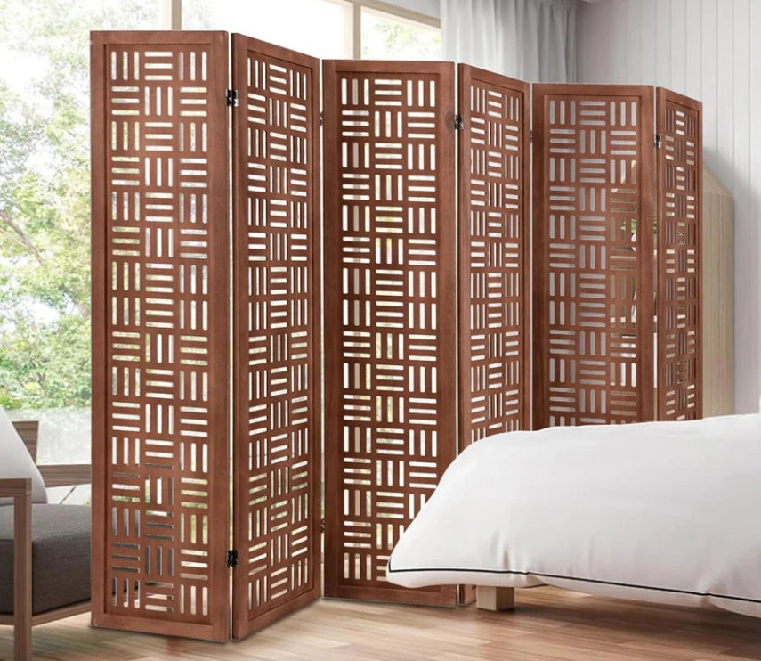 Urbane Crafts Handcrafted Wooden Room Divider & Extra Wide Living Room Partition | 6-Panel Solid Mango Wood & MDF Privacy Screen with Geometric Basketweave Cutouts | Honey Brown Finish