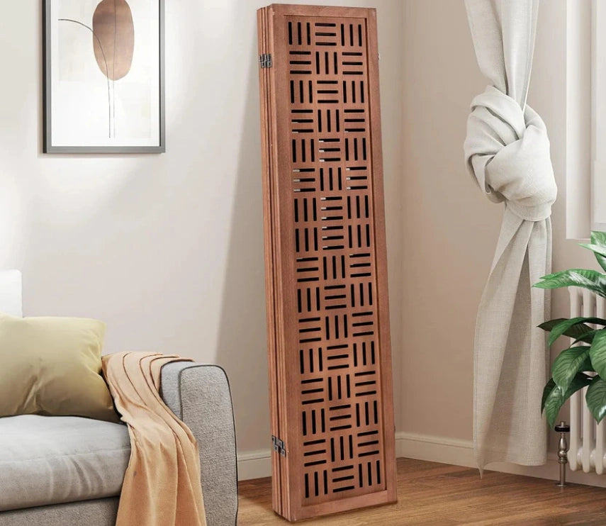 Urbane Crafts Handcrafted Wooden Room Divider & Extra Wide Living Room Partition | 6-Panel Solid Mango Wood & MDF Privacy Screen with Geometric Basketweave Cutouts | Honey Brown Finish