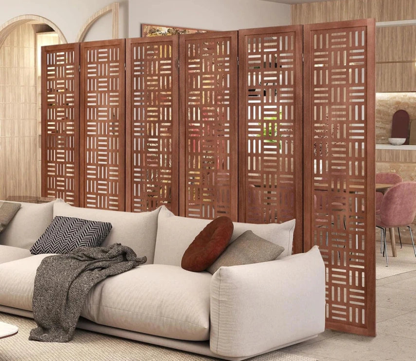 Urbane Crafts Handcrafted Wooden Room Divider & Extra Wide Living Room Partition | 6-Panel Solid Mango Wood & MDF Privacy Screen with Geometric Basketweave Cutouts | Honey Brown Finish