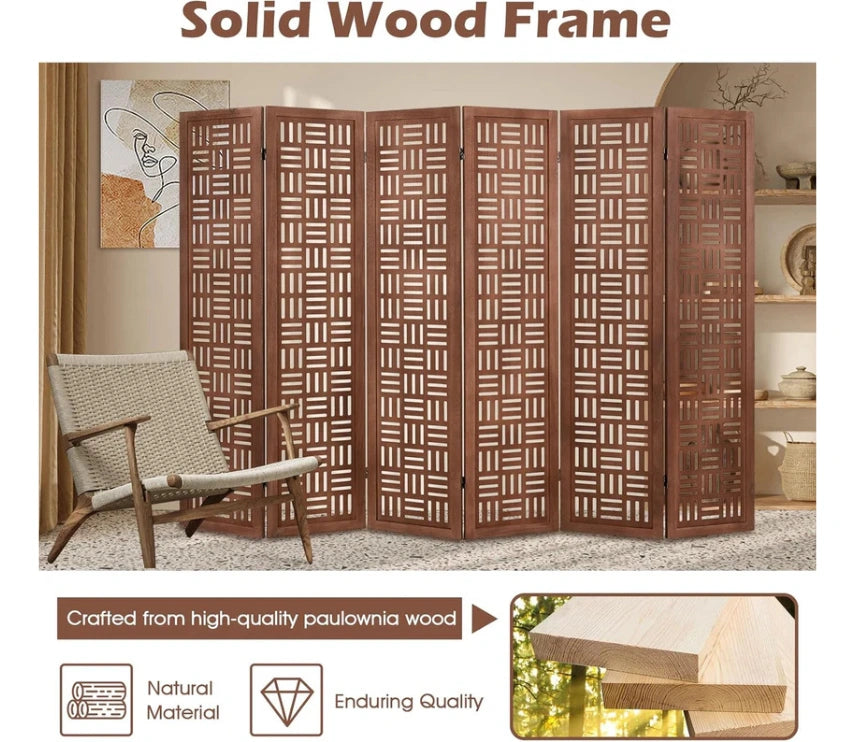 Urbane Crafts Handcrafted Wooden Room Divider & Extra Wide Living Room Partition | 6-Panel Solid Mango Wood & MDF Privacy Screen with Geometric Basketweave Cutouts | Honey Brown Finish