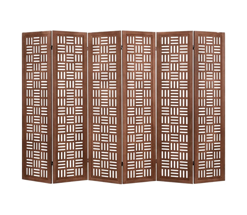 Urbane Crafts Handcrafted Wooden Room Divider & Extra Wide Living Room Partition | 6-Panel Solid Mango Wood & MDF Privacy Screen with Geometric Basketweave Cutouts | Honey Brown Finish