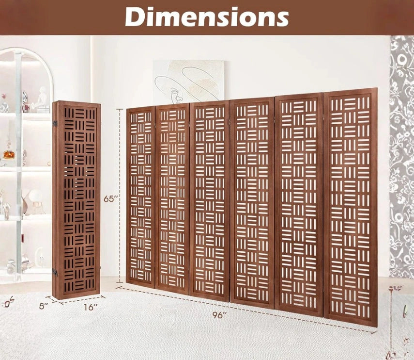 Urbane Crafts Handcrafted Wooden Room Divider & Extra Wide Living Room Partition | 6-Panel Solid Mango Wood & MDF Privacy Screen with Geometric Basketweave Cutouts | Honey Brown Finish