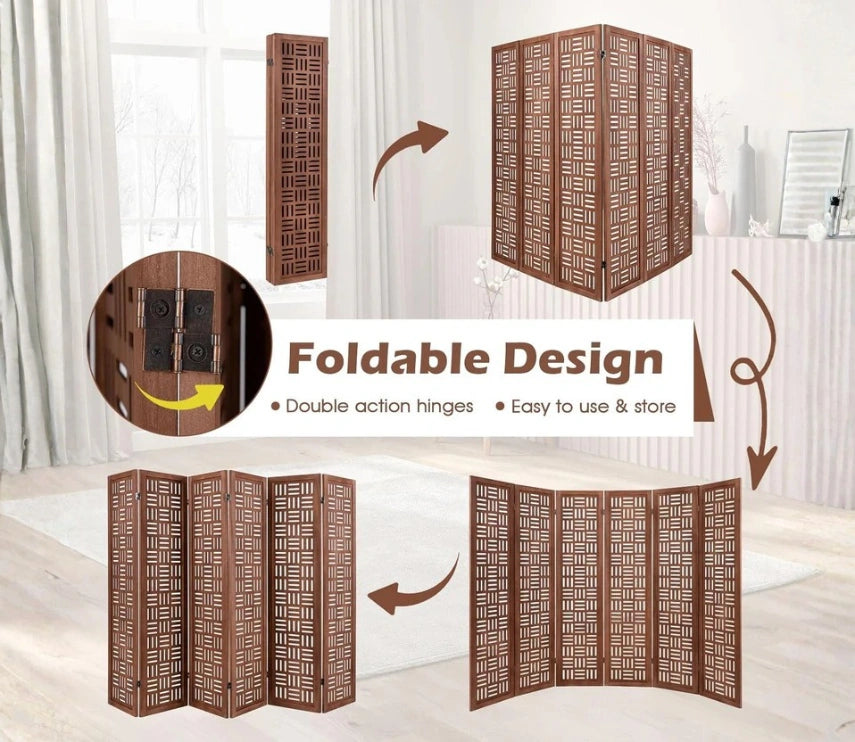 Urbane Crafts Handcrafted Wooden Room Divider & Extra Wide Living Room Partition | 6-Panel Solid Mango Wood & MDF Privacy Screen with Geometric Basketweave Cutouts | Honey Brown Finish