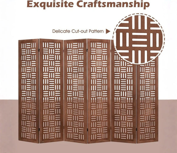 Urbane Crafts Handcrafted Wooden Room Divider & Extra Wide Living Room Partition | 6-Panel Solid Mango Wood & MDF Privacy Screen with Geometric Basketweave Cutouts | Honey Brown Finish