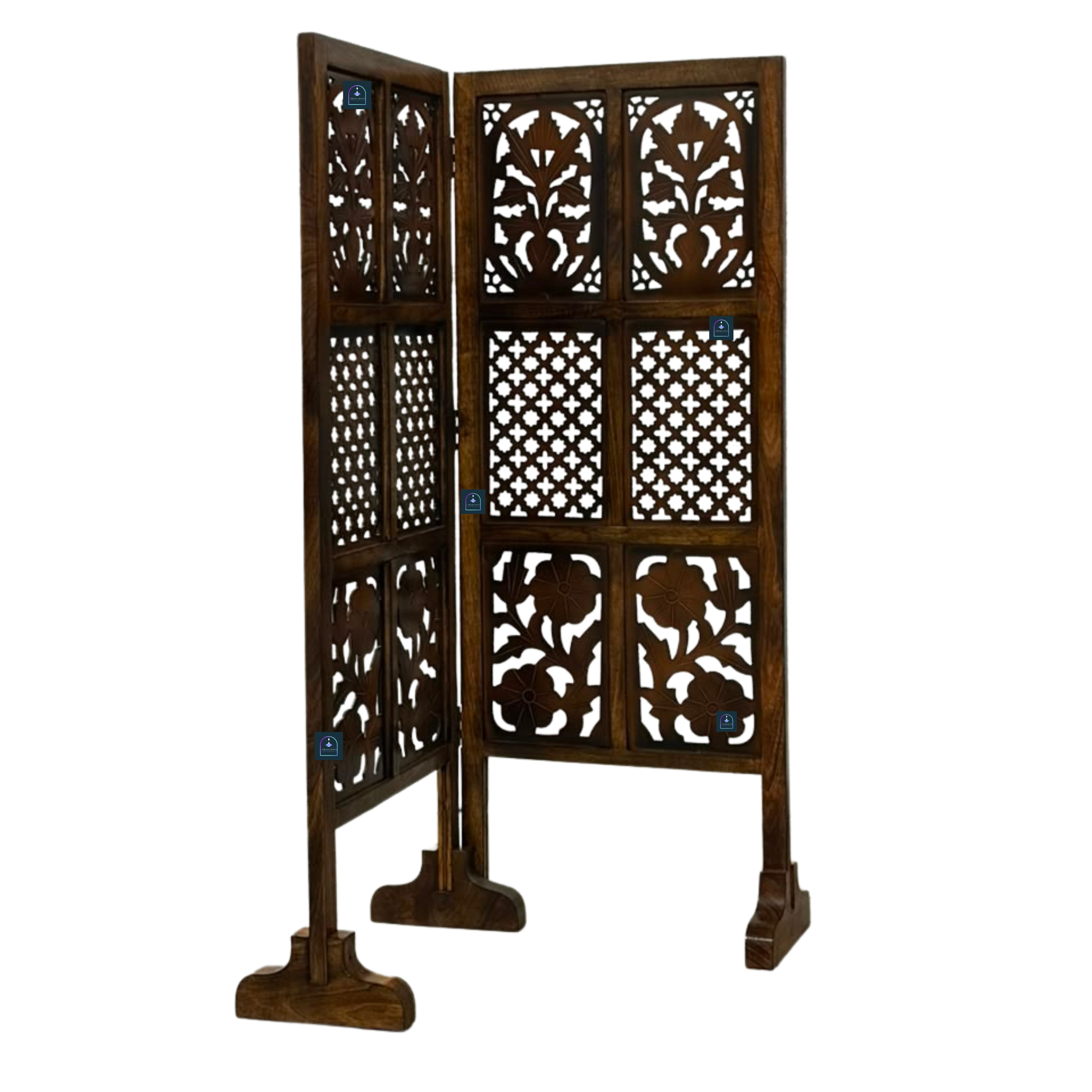 Urbane Crafts Handcrafted 2 Panel Wooden Room Divider (4 Ft Height) – Hand Carved Solid Wood Folding Partition Screen & Low Profile Room Separator for Living Room, Home Office & Compact Spaces