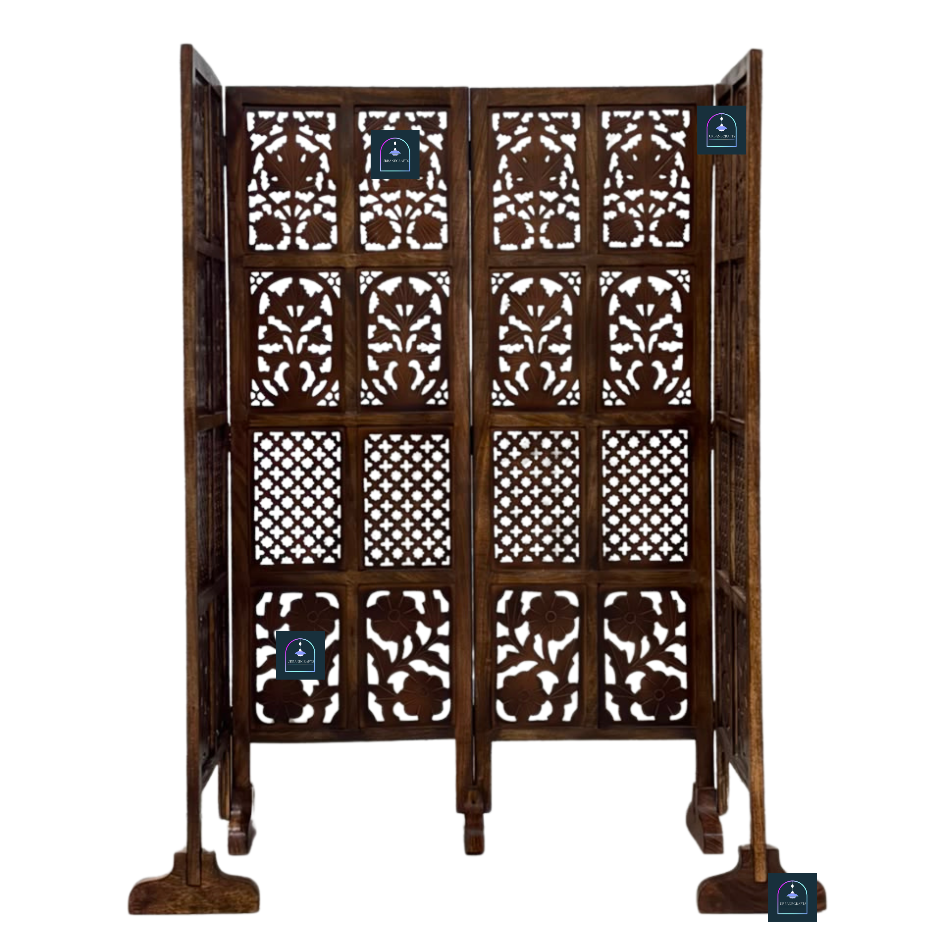 Urbane Crafts Handcrafted 4 Panel Wooden Room Divider (5 Ft Height) – Hand Carved Solid Wood Folding Partition Screen with Support Feet & Privacy Room Separator for Living Room, Home Office & Bedroom