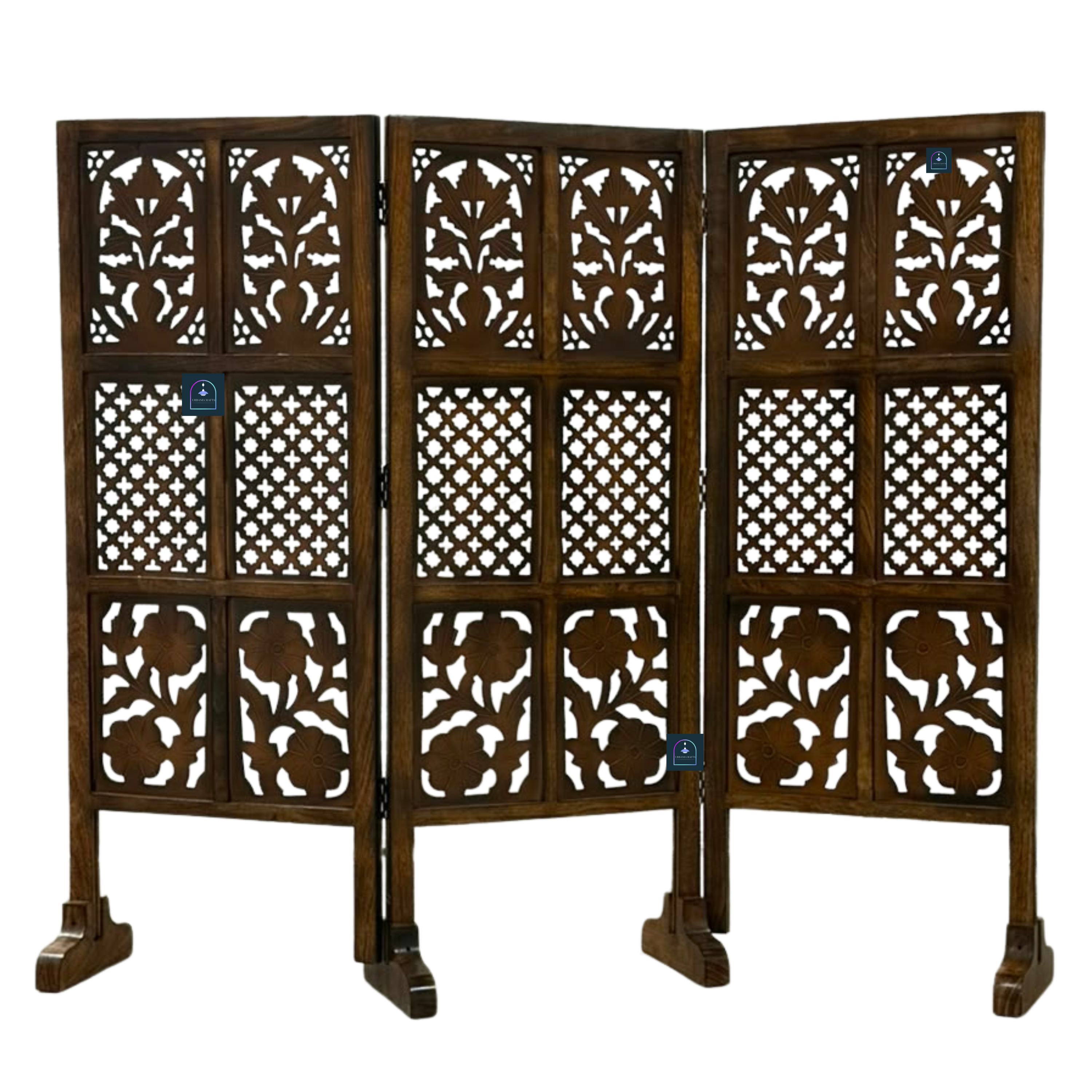 Urbane Crafts Handcrafted 3 Panel Wooden Room Divider (4 Ft Height) – Hand Carved Solid Wood Folding Partition Screen & Low Profile Room Separator for Living Room, Home Office & Bedroom