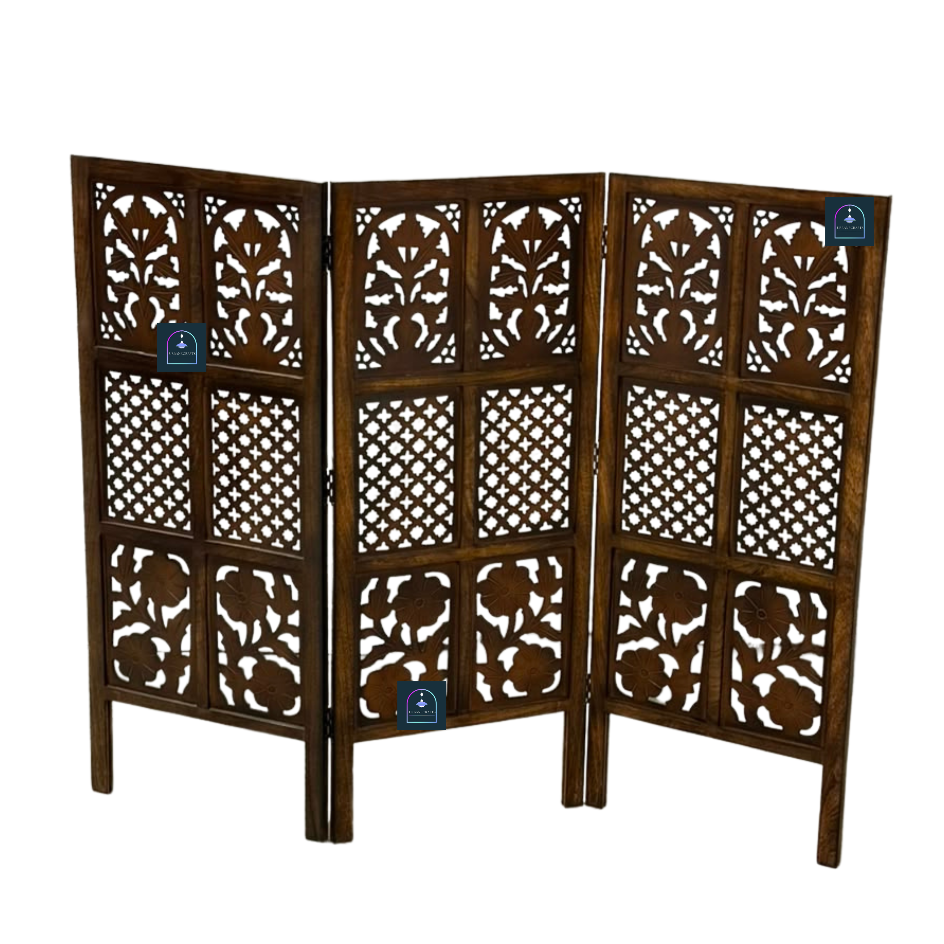Urbane Crafts Handcrafted 3 Panel Wooden Room Divider (4 Ft Height) – Hand Carved Solid Wood Folding Partition Screen & Low Profile Room Separator for Living Room, Home Office & Bedroom