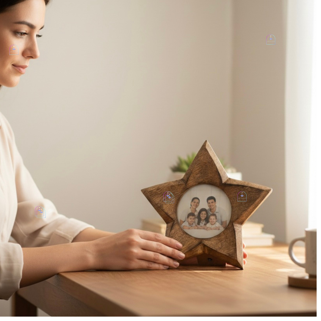 Handcrafted Mango Wood Star Photo Frame | 8x8 Inch Wooden Picture Frame Tabletop Accent with Backstand