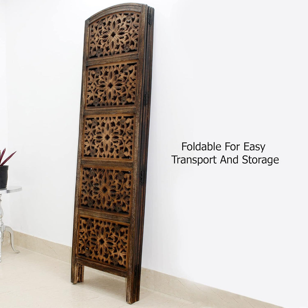 Urbane Crafts Handcrafted Wooden Room Divider & Living Room Partition | 4-Panel Solid Mango Wood & MDF Privacy Screen with Geometric Diamond Floral Cutouts | Antique Burnished Brown Finish