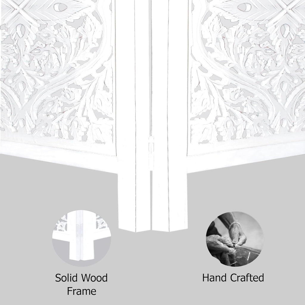 Urbane Crafts Handcrafted Wooden Room Divider & Living Room Partition | 4-Panel Solid Mango Wood & MDF Privacy Screen with Diamond Floral Cutouts & Arched Tops | Classic White Wash Finish