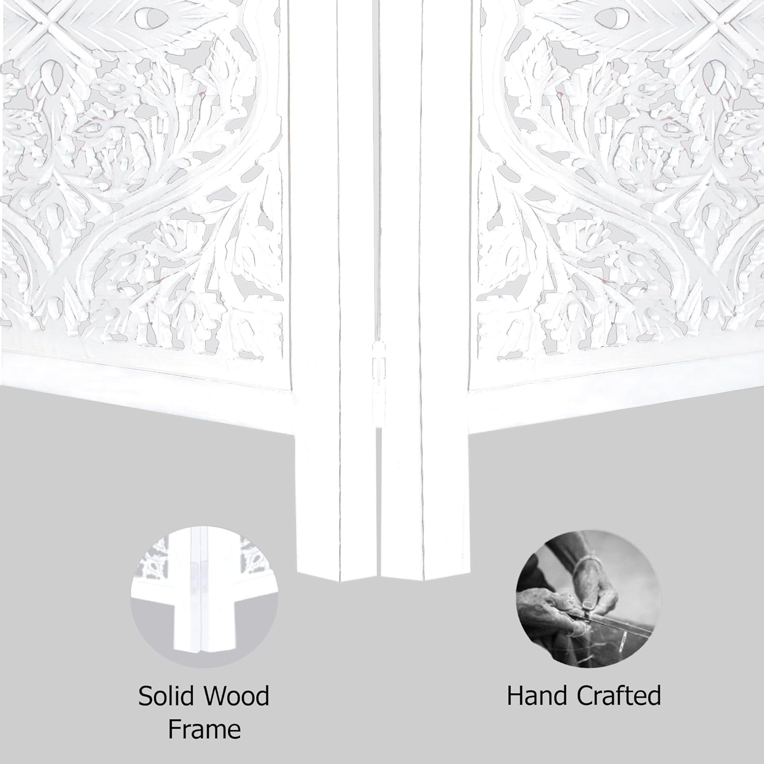 Urbane Crafts Handcrafted Wooden Room Divider & Living Room Partition | 4-Panel Solid Mango Wood & MDF Privacy Screen with Diamond Floral Cutouts & Arched Tops | Classic White Wash Finish