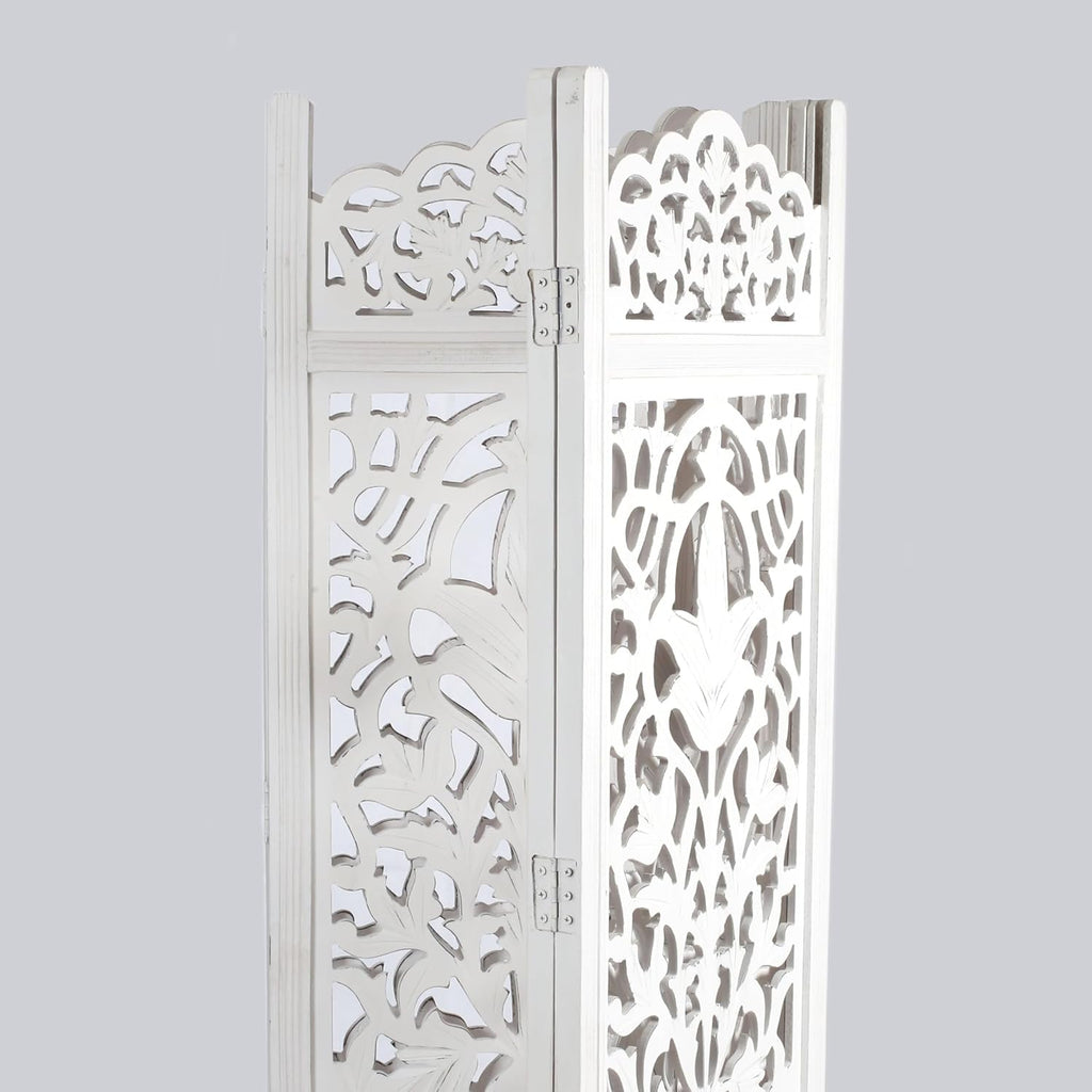 Urbane Crafts Handcrafted Wooden Room Divider & Living Room Partition | 4-Panel Solid Mango Wood & MDF Privacy Screen with Elegant Floral Vase Carvings | Pristine White Finish