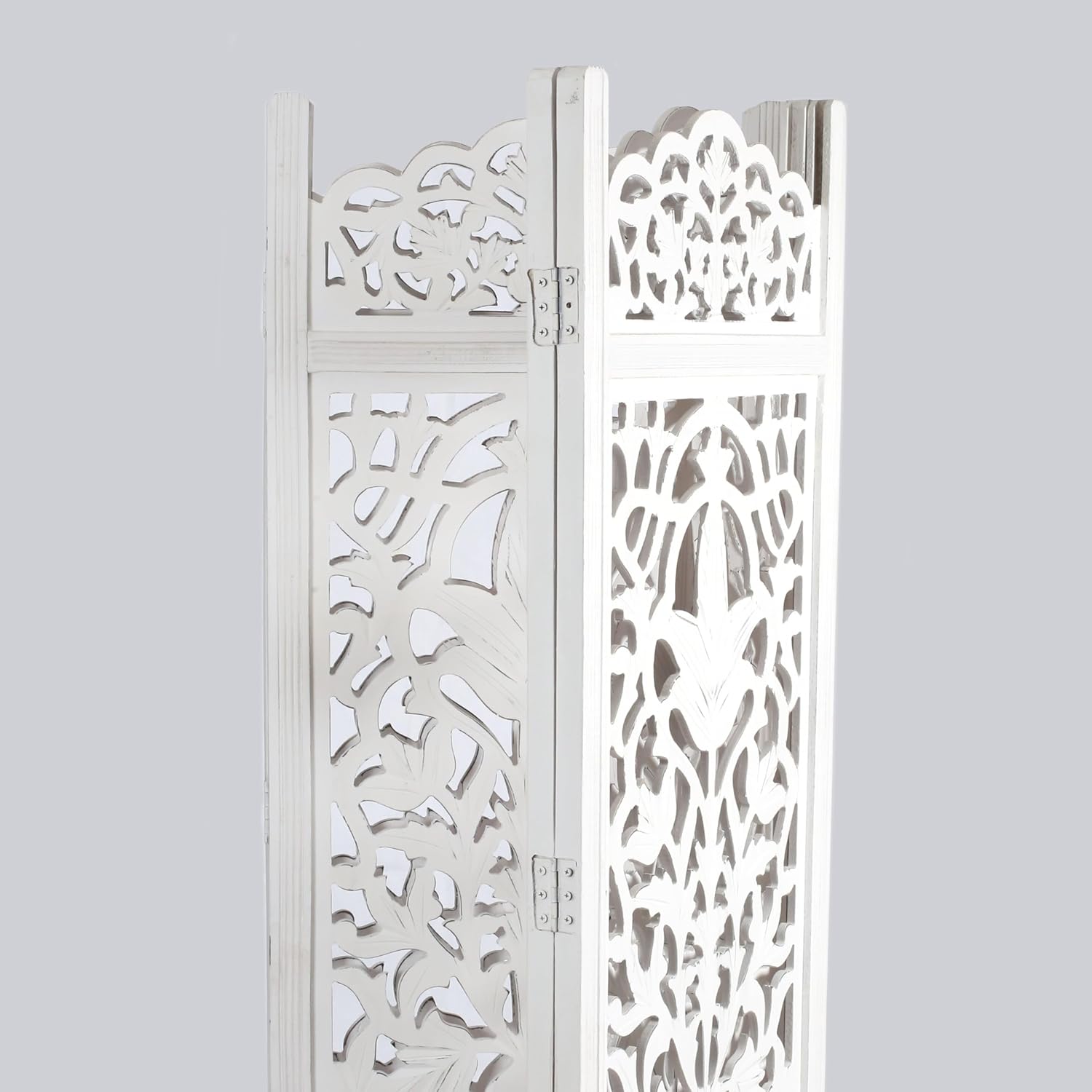 Urbane Crafts Handcrafted Wooden Room Divider & Living Room Partition | 4-Panel Solid Mango Wood & MDF Privacy Screen with Elegant Floral Vase Carvings | Pristine White Finish