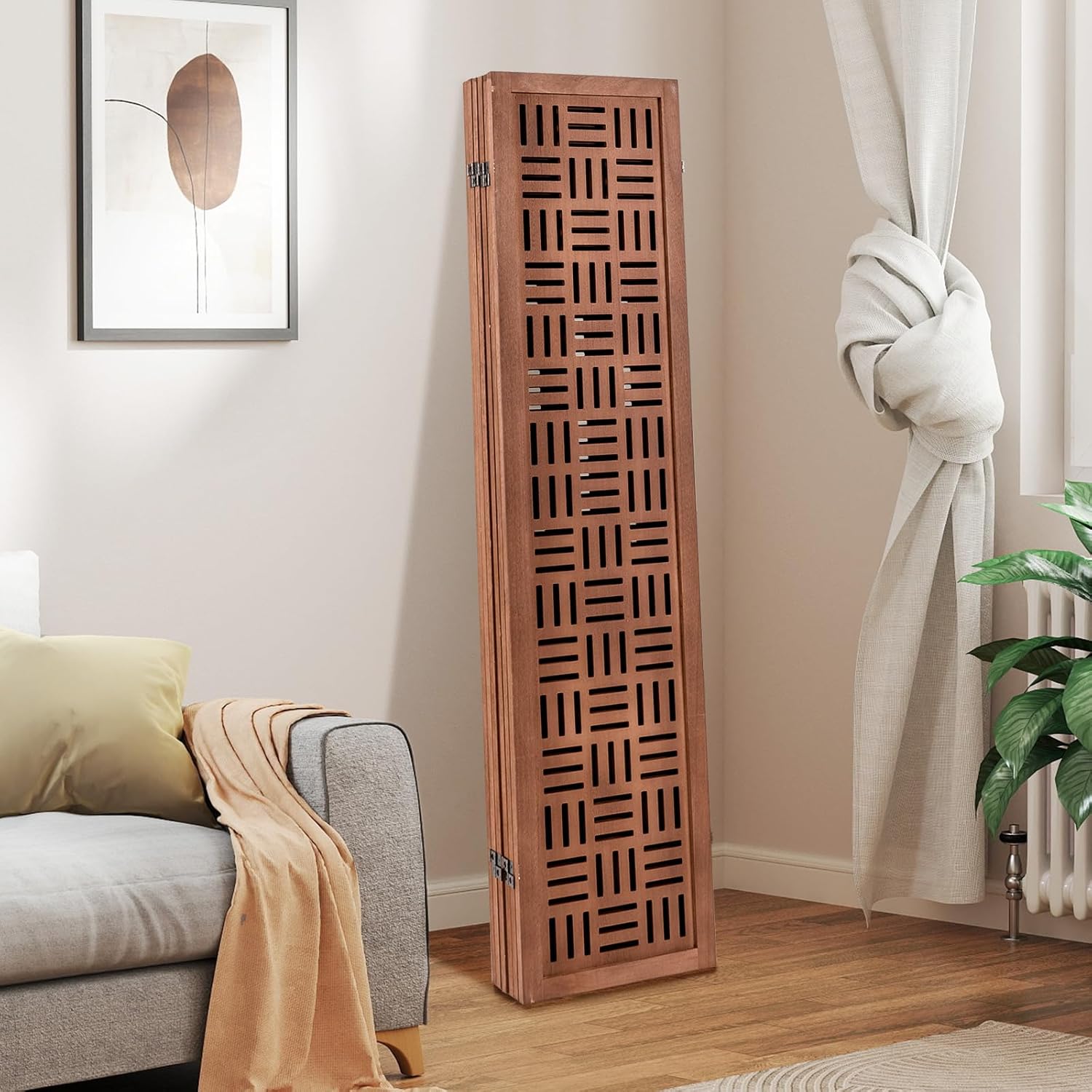Urbane Crafts Handcrafted Wooden Room Divider & Extra Wide Living Room Partition | 6-Panel Solid Mango Wood & MDF Privacy Screen with Geometric Basketweave Cutouts | Honey Brown Finish