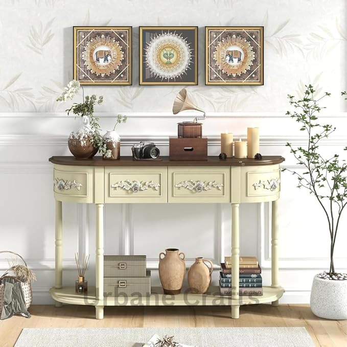 Urbane Crafts Retro Console with Drawers, 52" Long Narrow Sofa Table W/Open Shelf, Half-Moon Entryway Table with Storage, Solid Wood Legs, Vintage Entry Console for Living Room Hallway, Beige Color
