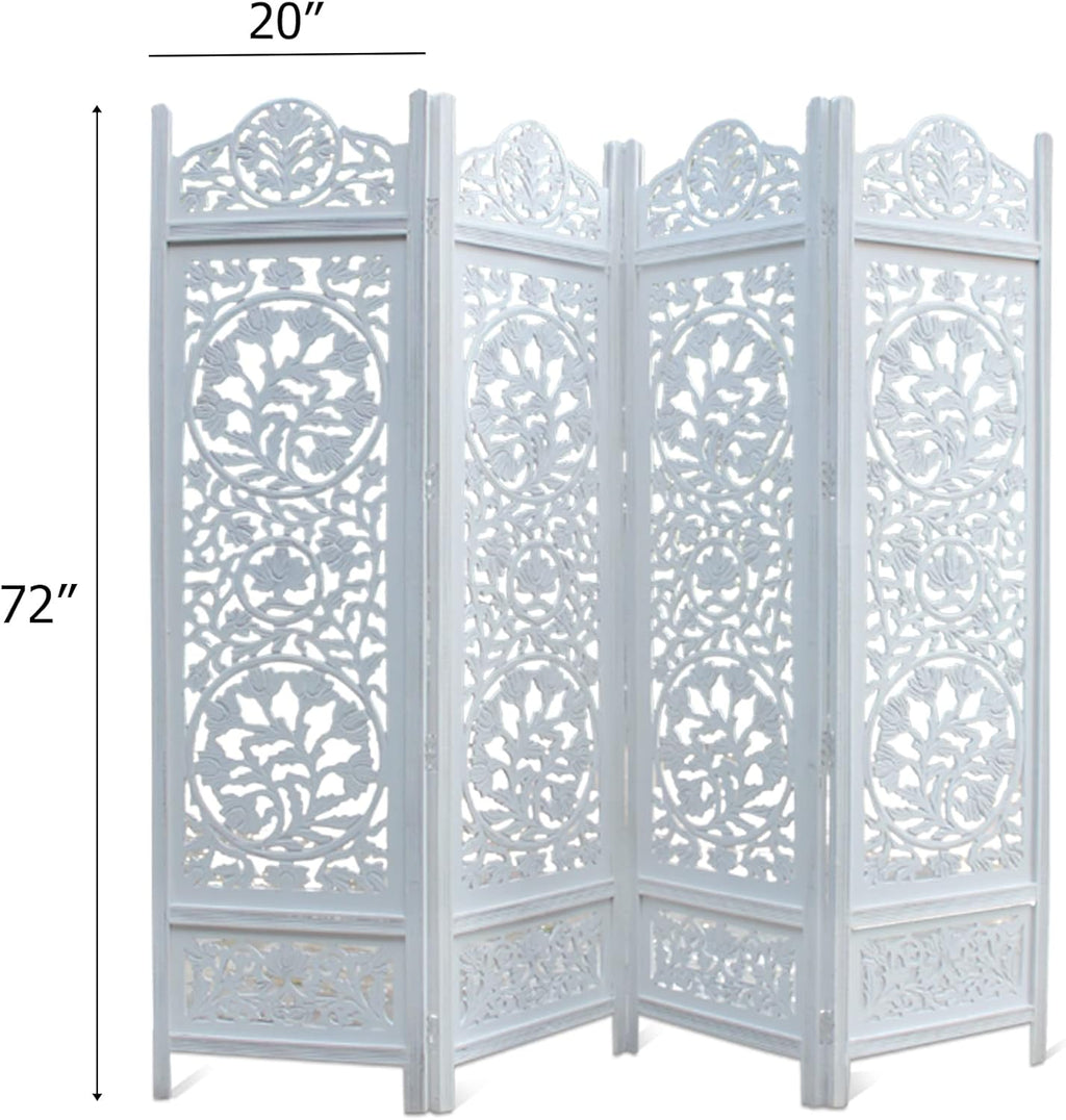 Urbane Crafts Handcrafted Wooden Room Divider & Living Room Partition | 4-Panel Solid Mango Wood & MDF Privacy Screen with Intricate Circular Tree of Life Carvings | Distressed White Wash Finish