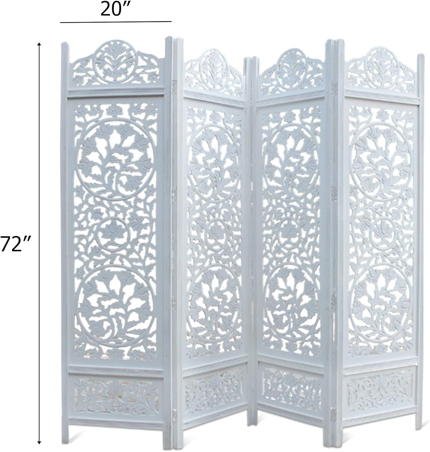 Urbane Crafts Handcrafted Wooden Room Divider & Living Room Partition | 4-Panel Solid Mango Wood & MDF Privacy Screen with Intricate Circular Tree of Life Carvings | Distressed White Wash Finish