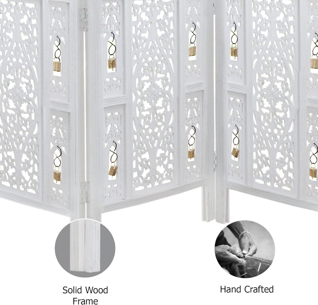 Urbane Crafts Handcrafted Wooden Room Divider & Living Room Partition Screen | 4-Panel Solid Mango Wood & MDF Privacy Screen with Intricate Carvings & Brass Bells | White Distressed Finish