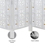 Urbane Crafts Handcrafted Wooden Room Divider & Living Room Partition Screen | 4-Panel Solid Mango Wood & MDF Privacy Screen with Intricate Carvings & Brass Bells | White Distressed Finish