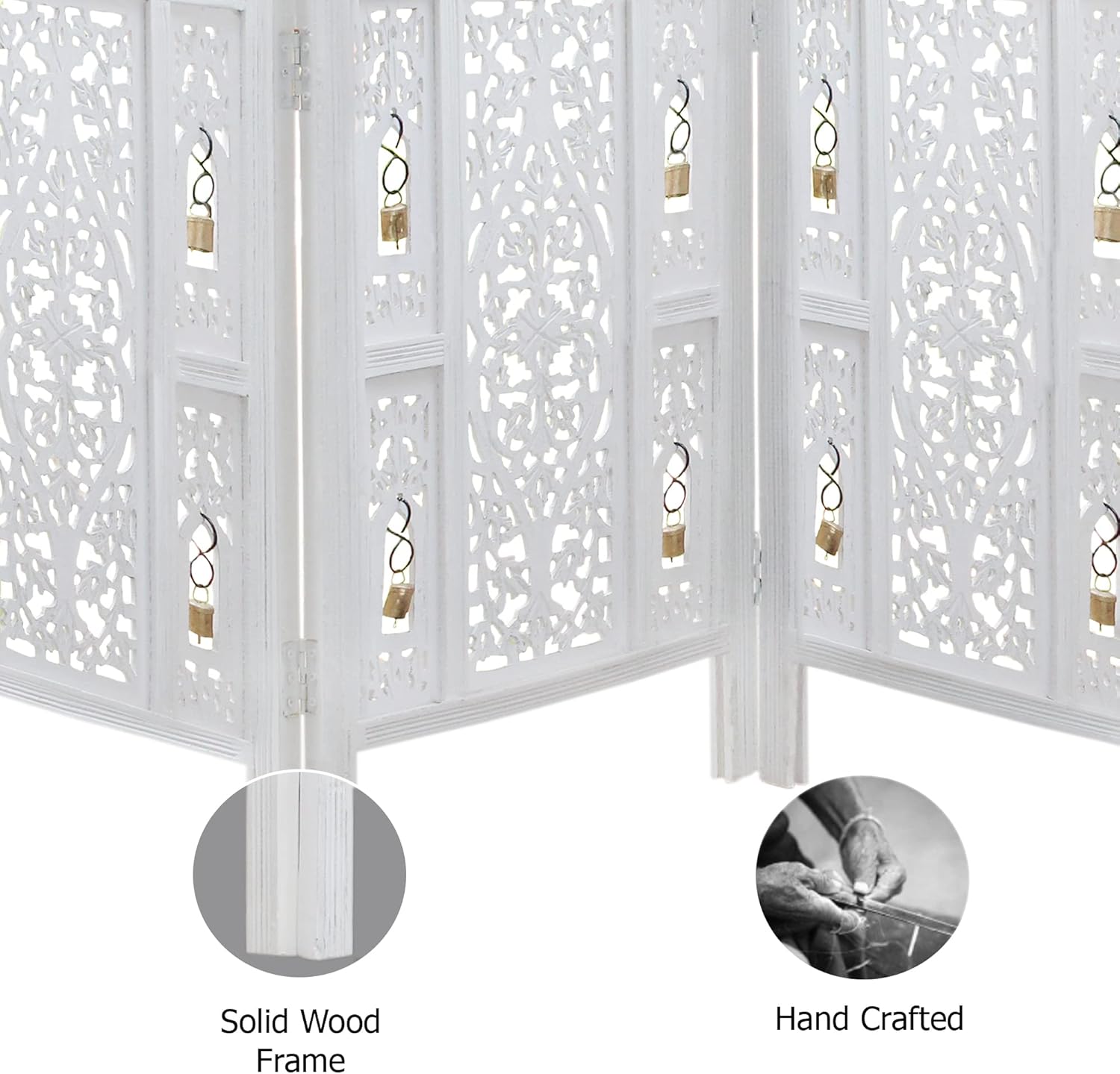Urbane Crafts Handcrafted Wooden Room Divider & Living Room Partition Screen | 4-Panel Solid Mango Wood & MDF Privacy Screen with Intricate Carvings & Brass Bells | White Distressed Finish