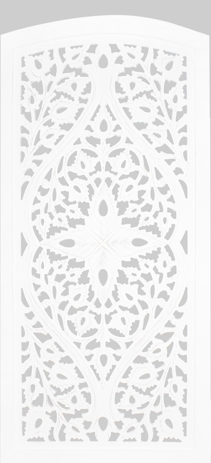 Urbane Crafts Handcrafted Wooden Room Divider & Living Room Partition | 4-Panel Solid Mango Wood & MDF Privacy Screen with Diamond Floral Cutouts & Arched Tops | Classic White Wash Finish