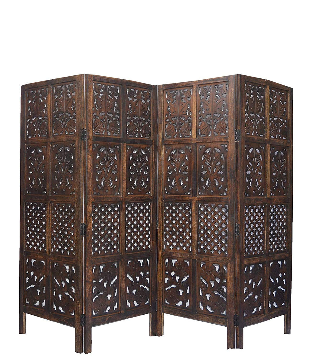 Urbane Crafts Handcrafted 4 Panel Wooden Room Divider (5 Ft Height) – Hand Carved Solid Wood Folding Partition Screen with Support Feet & Privacy Room Separator for Living Room, Home Office & Bedroom