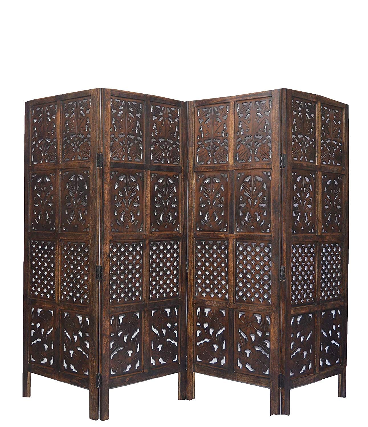 Urbane Crafts Handcrafted 4 Panel Wooden Room Divider (5 Ft Height) – Hand Carved Solid Wood Folding Partition Screen with Support Feet & Privacy Room Separator for Living Room, Home Office & Bedroom