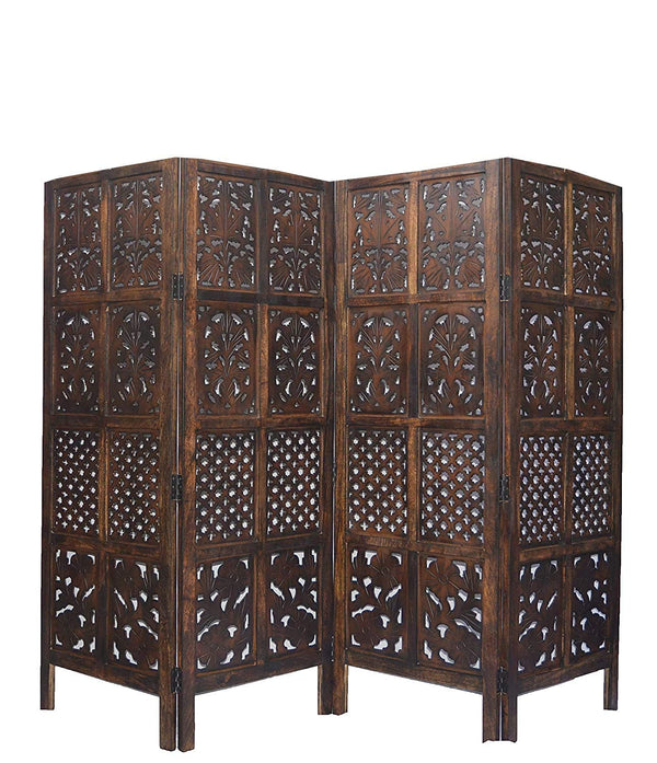 Urbane Crafts Handcrafted 4 Panel Wooden Room Divider (5 Ft Height) – Hand Carved Solid Wood Folding Partition Screen with Support Feet & Privacy Room Separator for Living Room, Home Office & Bedroom