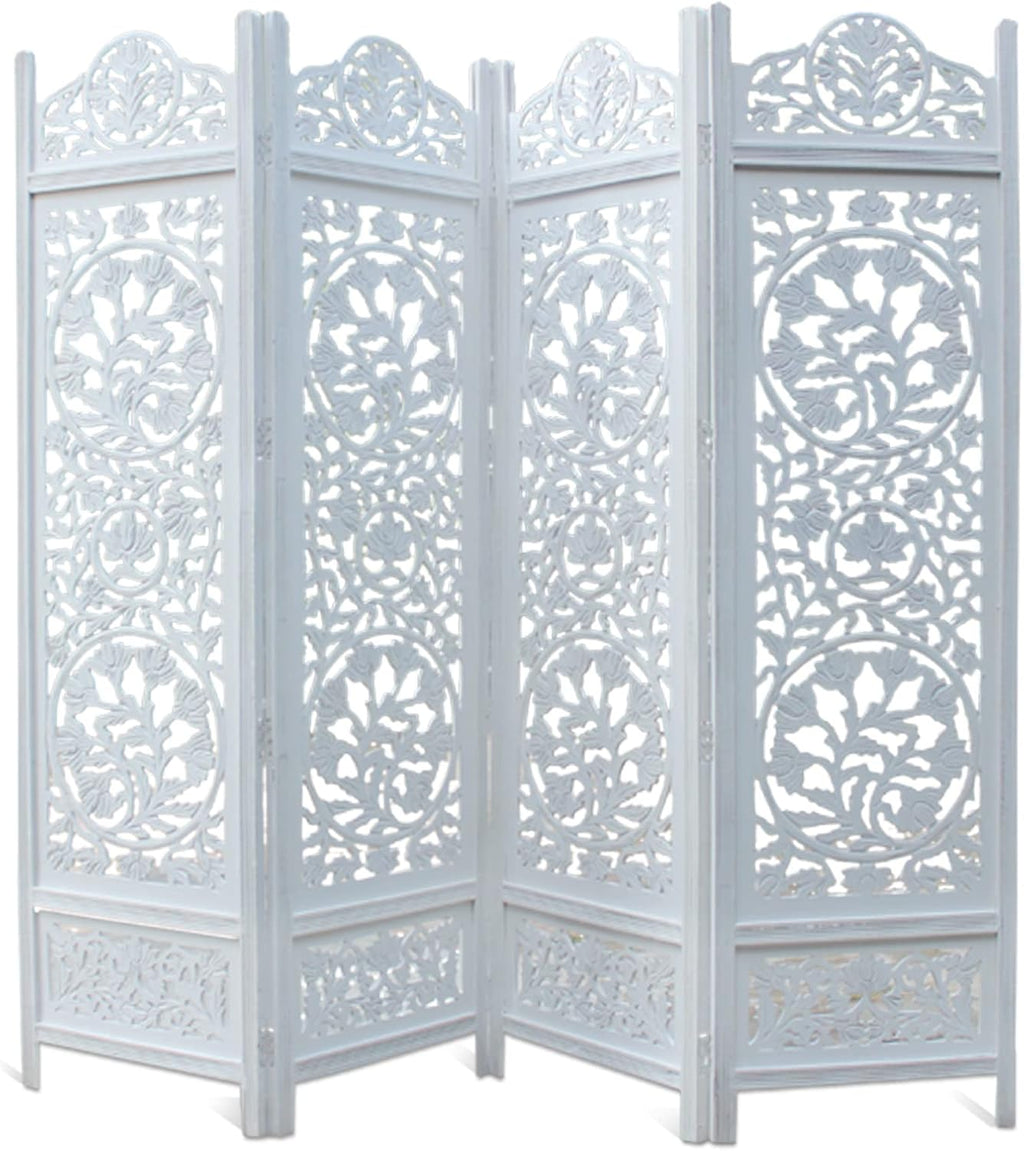 Urbane Crafts Handcrafted Wooden Room Divider & Living Room Partition | 4-Panel Solid Mango Wood & MDF Privacy Screen with Intricate Circular Tree of Life Carvings | Distressed White Wash Finish