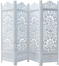 Urbane Crafts Handcrafted Wooden Room Divider & Living Room Partition | 4-Panel Solid Mango Wood & MDF Privacy Screen with Intricate Circular Tree of Life Carvings | Distressed White Wash Finish