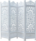 Urbane Crafts Handcrafted Wooden Room Divider & Living Room Partition | 4-Panel Solid Mango Wood & MDF Privacy Screen with Intricate Circular Tree of Life Carvings | Distressed White Wash Finish