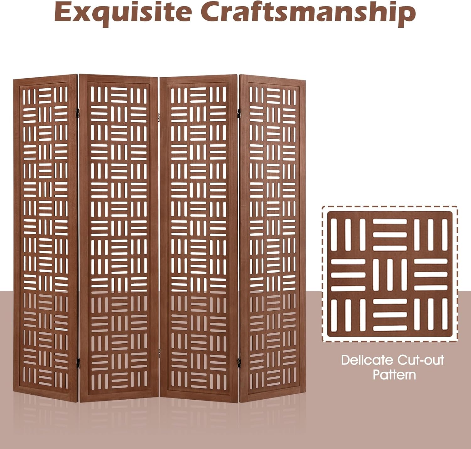 Handcrafted Wooden Room Divider & Extra Wide Living Room Partition | 4-Panel Solid Mango Wood & MDF Privacy Screen with Geometric Basketweave Cutouts | Honey Brown Finish
