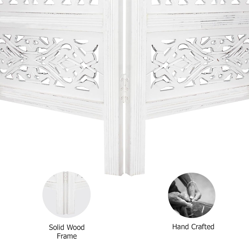 Urbane Crafts Handcrafted Wooden Room Divider & Living Room Partition | 4-Panel Solid Mango Wood & MDF Privacy Screen with Symmetrical Mandala Floral Carvings | Crisp Distressed White Finish