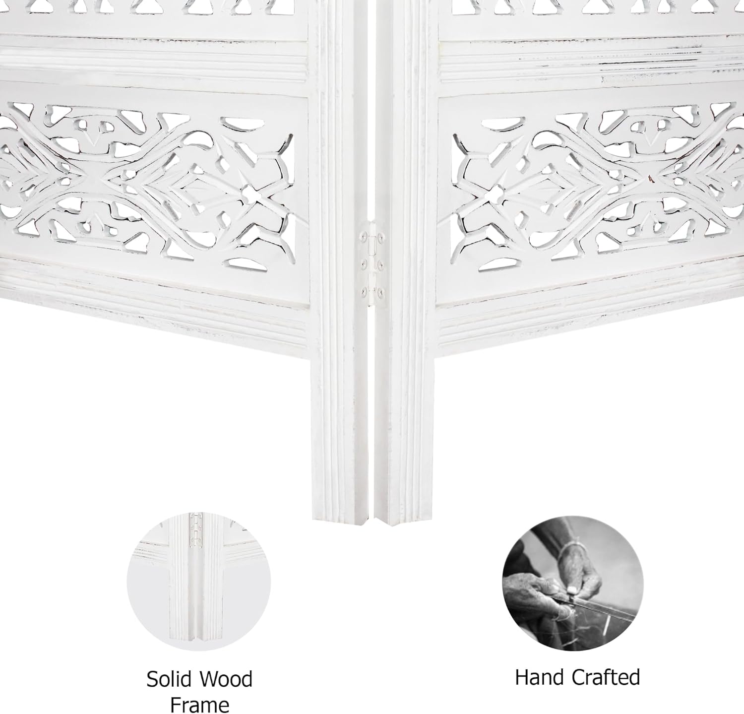Urbane Crafts Handcrafted Wooden Room Divider & Living Room Partition | 4-Panel Solid Mango Wood & MDF Privacy Screen with Symmetrical Mandala Floral Carvings | Crisp Distressed White Finish