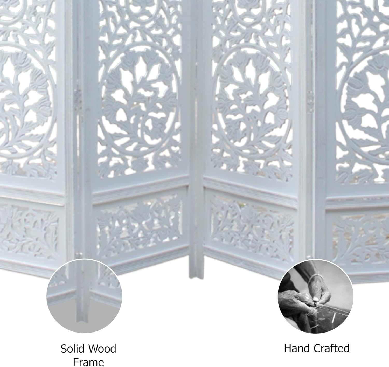 Urbane Crafts Handcrafted Wooden Room Divider & Living Room Partition | 4-Panel Solid Mango Wood & MDF Privacy Screen with Intricate Circular Tree of Life Carvings | Distressed White Wash Finish