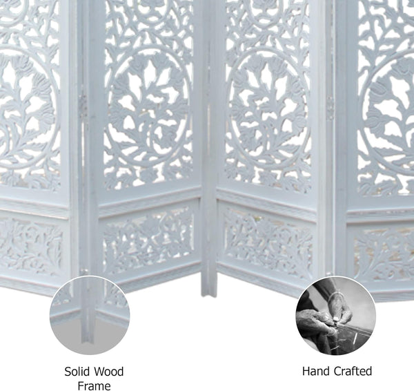 Urbane Crafts Handcrafted Wooden Room Divider & Living Room Partition | 4-Panel Solid Mango Wood & MDF Privacy Screen with Intricate Circular Tree of Life Carvings | Distressed White Wash Finish