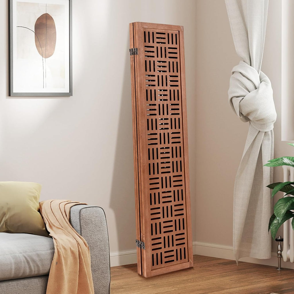 Handcrafted Wooden Room Divider & Extra Wide Living Room Partition | 4-Panel Solid Mango Wood & MDF Privacy Screen with Geometric Basketweave Cutouts | Honey Brown Finish