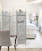 Urbane Crafts Handcrafted Wooden Room Divider & Living Room Partition | 4-Panel Solid Mango Wood & MDF Privacy Screen with Intricate Circular Tree of Life Carvings | Distressed White Wash Finish