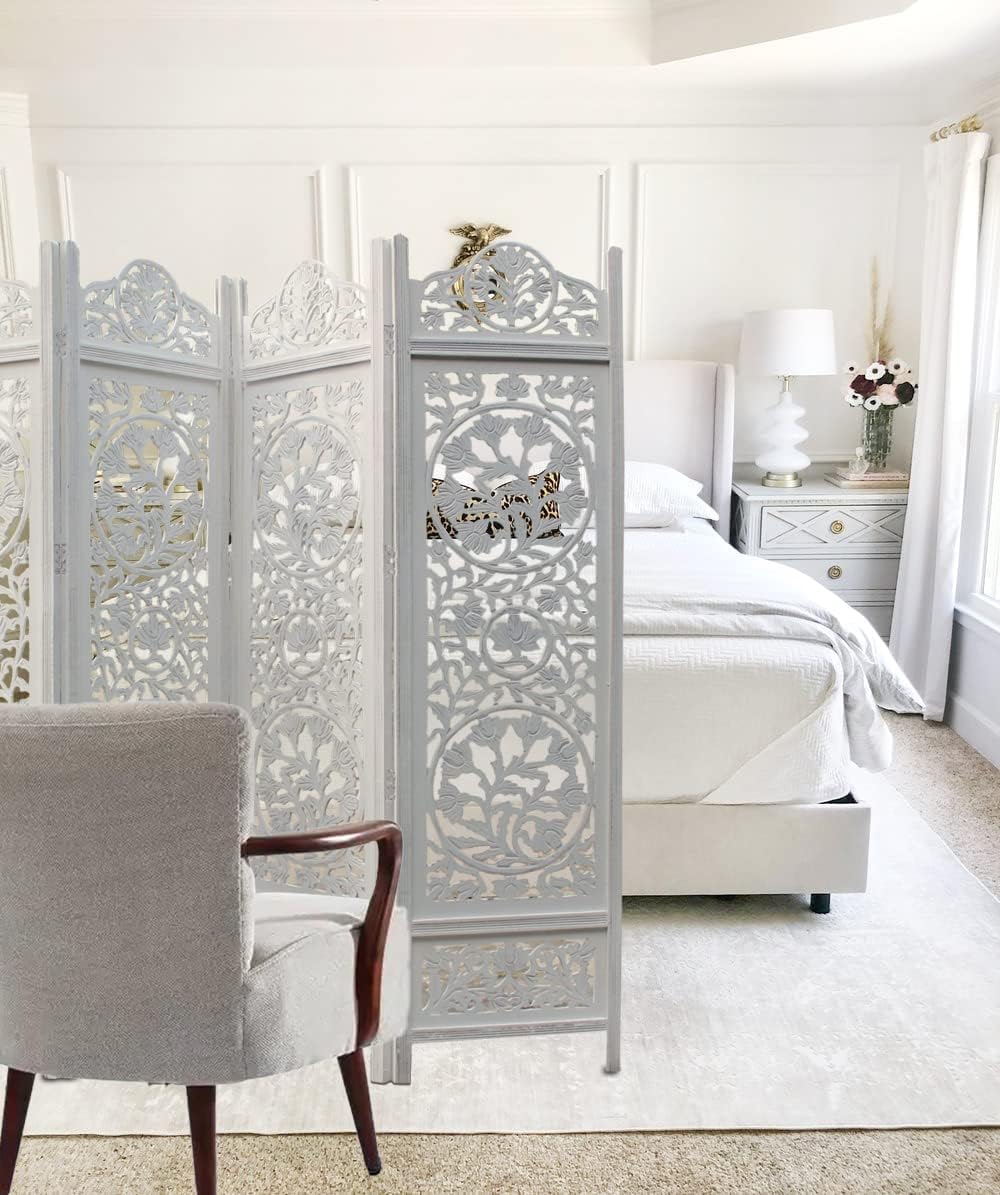 Urbane Crafts Handcrafted Wooden Room Divider & Living Room Partition | 4-Panel Solid Mango Wood & MDF Privacy Screen with Intricate Circular Tree of Life Carvings | Distressed White Wash Finish