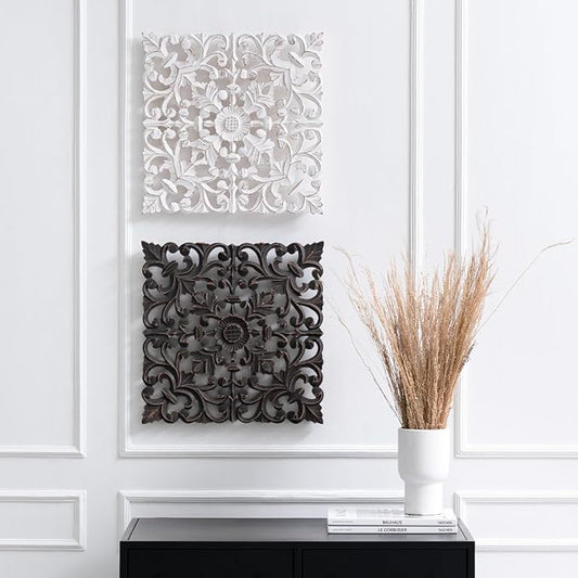 Urbane Crafts Handcrafted Wooden Wall Panels Set of 2 | Floral Medallion Design Decorative Wall Art | Antique White & Black Finish Home Décor Accent for Living Room, Bedroom & Hallway