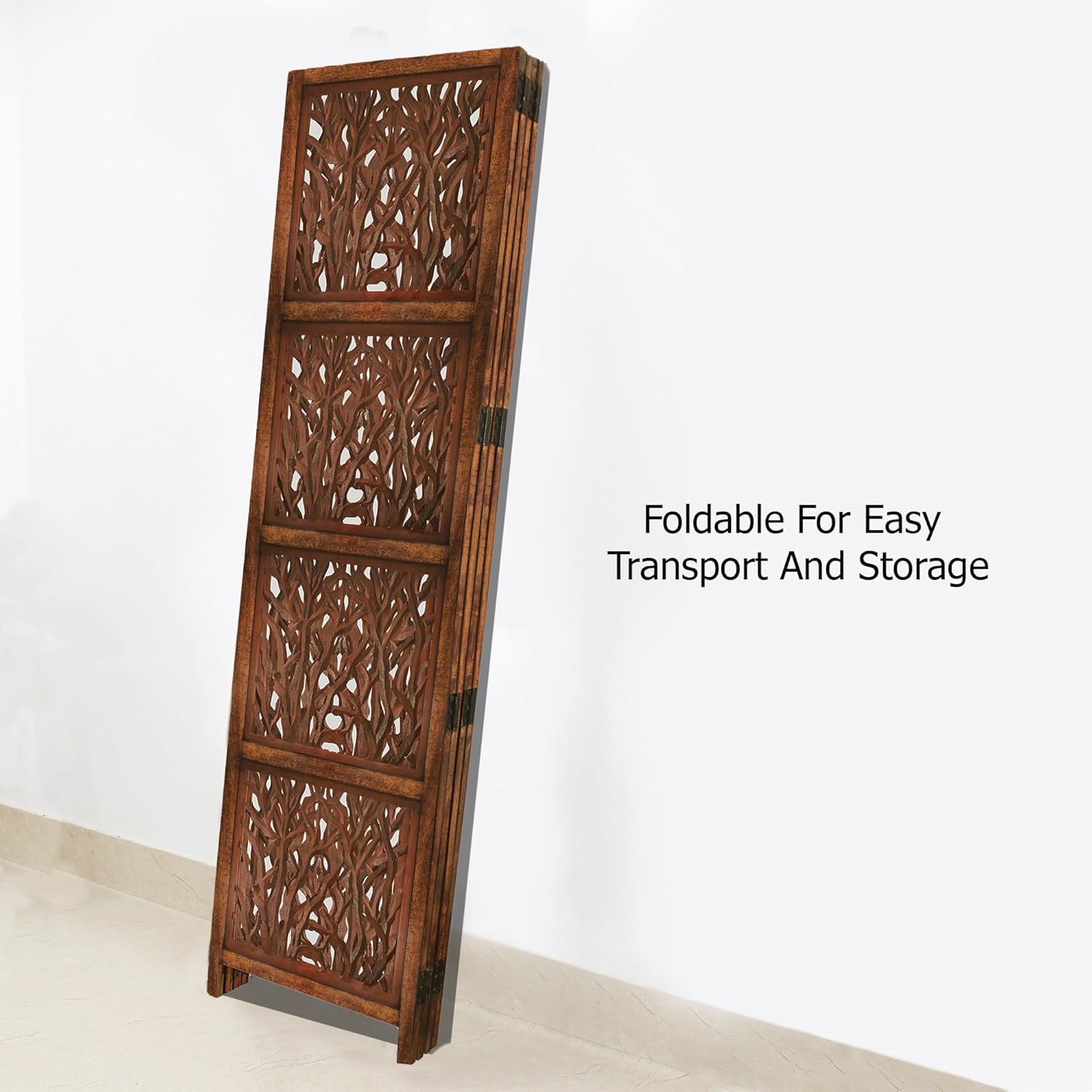 Urbane Crafts Handcrafted Wooden Room Divider & Living Room Partition | 4-Panel Solid Mango Wood & MDF Privacy Screen with Modern Tree Branch Cutouts | Natural Warm Brown Finish