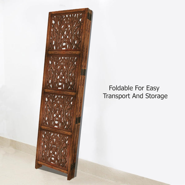 Urbane Crafts Handcrafted Wooden Room Divider & Living Room Partition | 4-Panel Solid Mango Wood & MDF Privacy Screen with Modern Tree Branch Cutouts | Natural Warm Brown Finish