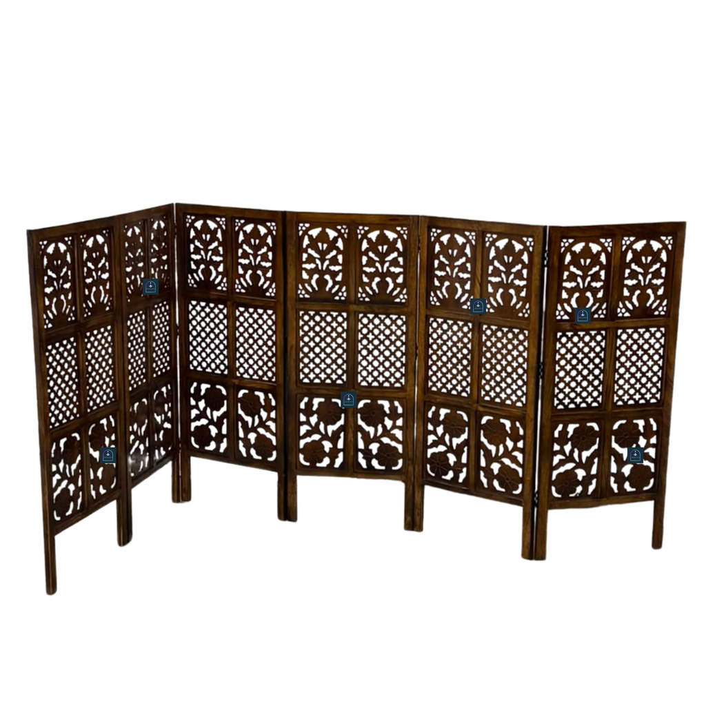 Handcrafted 6-Panel Wooden Room Divider Partition Screen (4 Ft Height) – Solid Mango Wood Frame with Carved MDF Floral & Jaali Work, Foldable Privacy Screen for Living Room, Bedroom & Office (Antique Walnut Brown Finish)