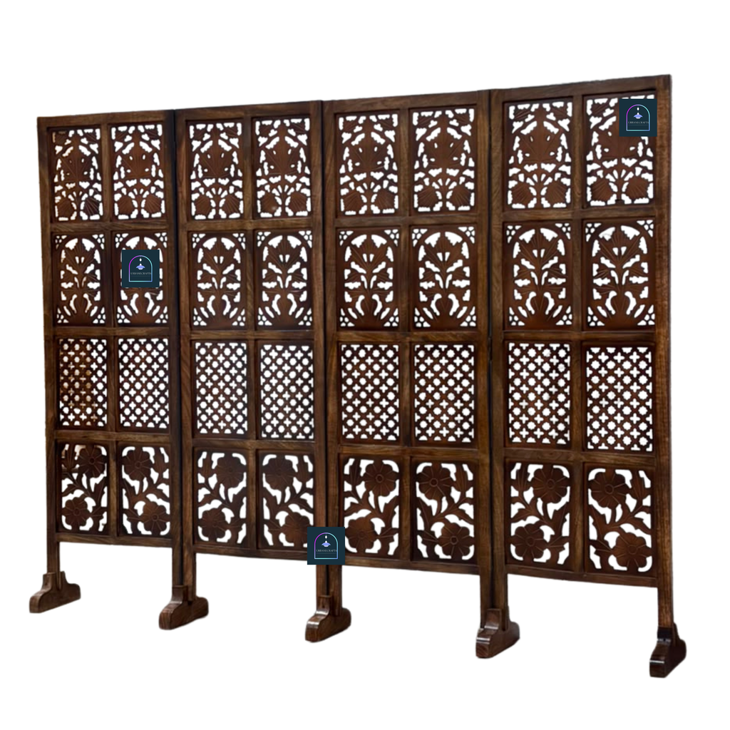 Urbane Crafts Handcrafted 4 Panel Wooden Room Divider (5 Ft Height) – Hand Carved Solid Wood Folding Partition Screen with Support Feet & Privacy Room Separator for Living Room, Home Office & Bedroom