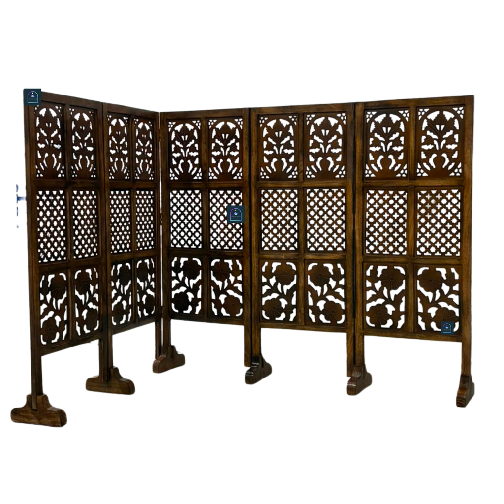 Urbane Crafts Handcrafted 5 Panel Wooden Room Divider (4 Ft Height) – Hand Carved Solid Wood Folding Partition Screen & Low Profile Room Separator for Living Room, Home Office & Bedroom