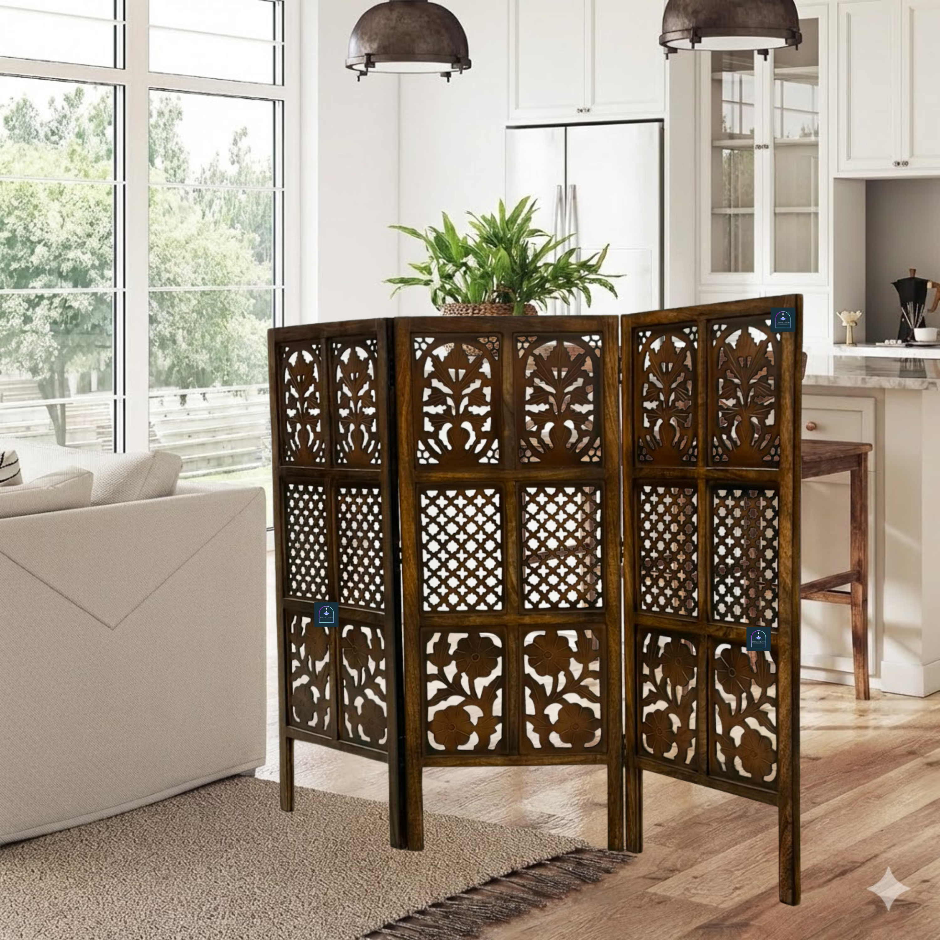 Urbane Crafts Handcrafted 3 Panel Wooden Room Divider (4 Ft Height) – Hand Carved Solid Wood Folding Partition Screen & Low Profile Room Separator for Living Room, Home Office & Bedroom