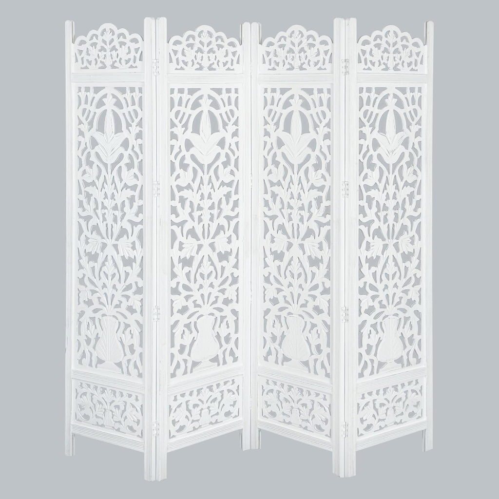 Urbane Crafts Handcrafted Wooden Room Divider & Living Room Partition | 4-Panel Solid Mango Wood & MDF Privacy Screen with Elegant Floral Vase Carvings | Pristine White Finish