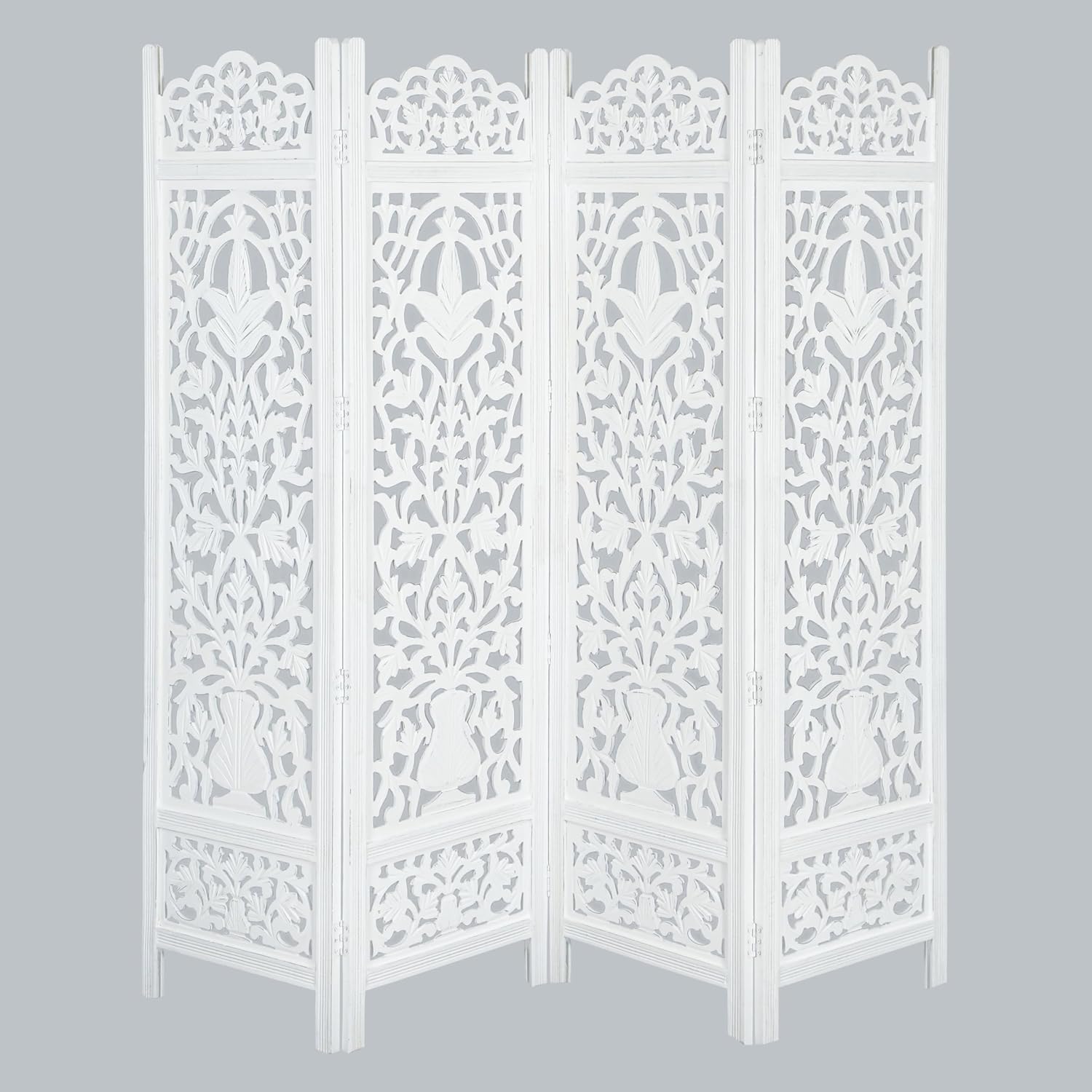 Urbane Crafts Handcrafted Wooden Room Divider & Living Room Partition | 4-Panel Solid Mango Wood & MDF Privacy Screen with Elegant Floral Vase Carvings | Pristine White Finish